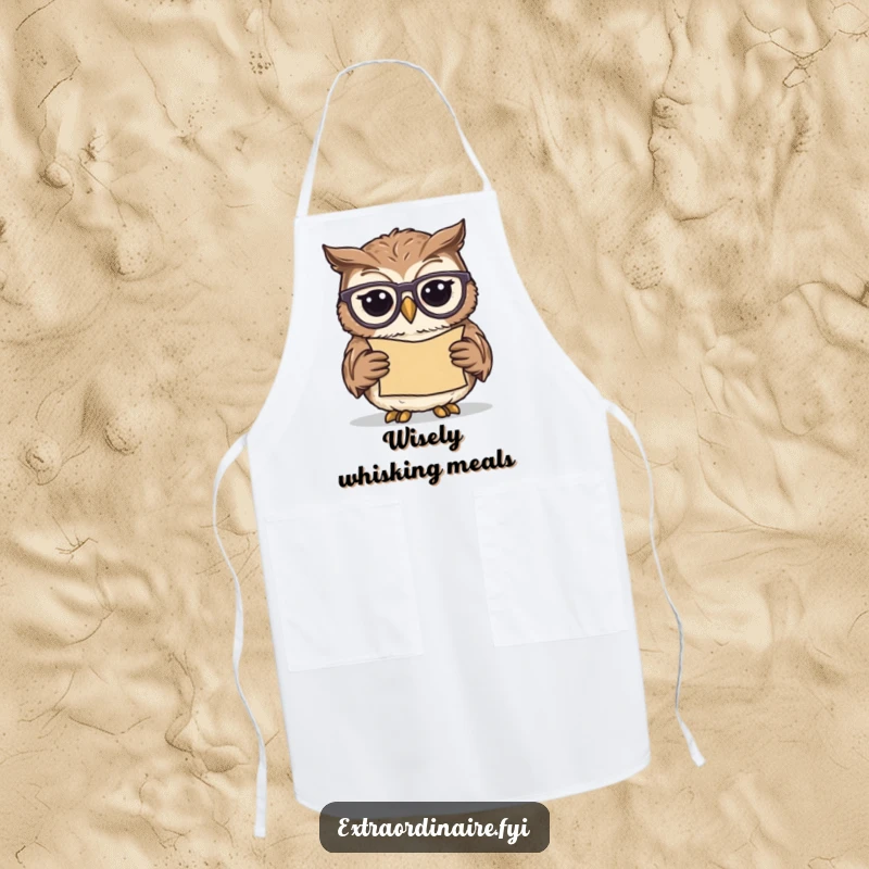 Funny owl scholar apron, a wise owl wearing spectacles, reading a scroll while cooking, blending wit and kitchen practicality.