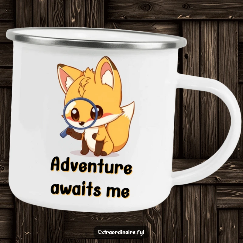 Funny fox camping mug, durable for outdoor use, featuring a curious fox with a magnifying glass, bringing humor to adventures, perfect funny gift.