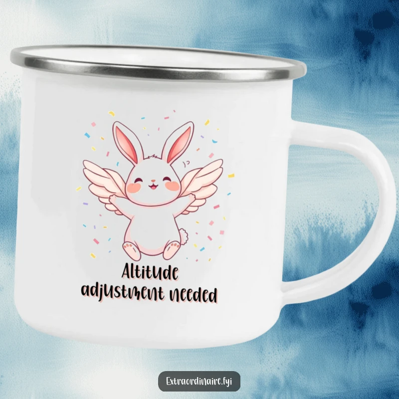 Funny Angel Rabbit Camping Mug: A durable enamel mug featuring a joyful rabbit with wings flying through a confetti celebration, perfect for adventures.