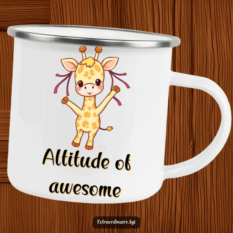 Funny giraffe camping mug, a joyful giraffe dancing with ribbons, perfect for outdoor adventures and hot beverages, durable design.