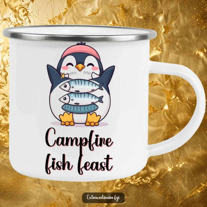 Funny Penguin Fish Stack Camping Mug: A proud penguin with a stack of fish, perfect for funny outdoor brews.