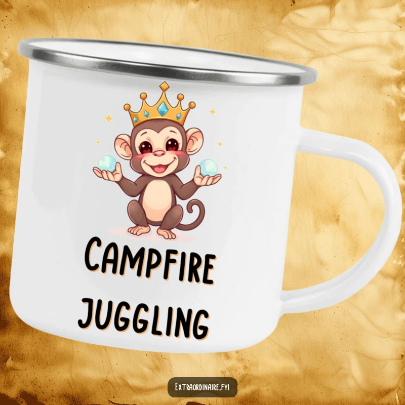 Funny camping mug with a mischievous crowned monkey juggling orbs, built for royal adventures and playful moments outdoors.
