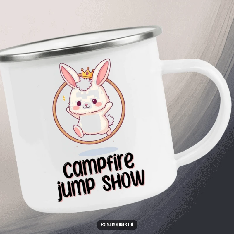 Funny camping mug with a fluffy bunny wearing a king's crown, leaping through a hoop. Durable and charming for outdoor use.
