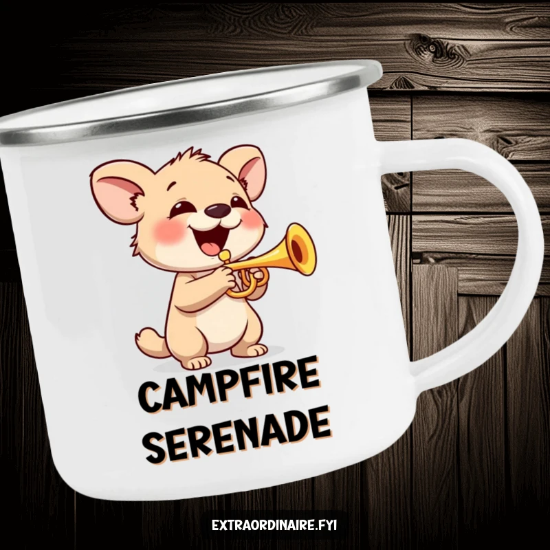 Funny Camping Mug: A smiling animal character plays a tiny trumpet, perfect for enjoying music outdoors.
