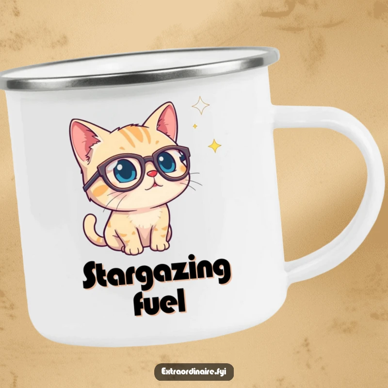 Funny camping mug with a curious cat in spectacles gazing into a starry void, built for outdoor contemplation and wonder.