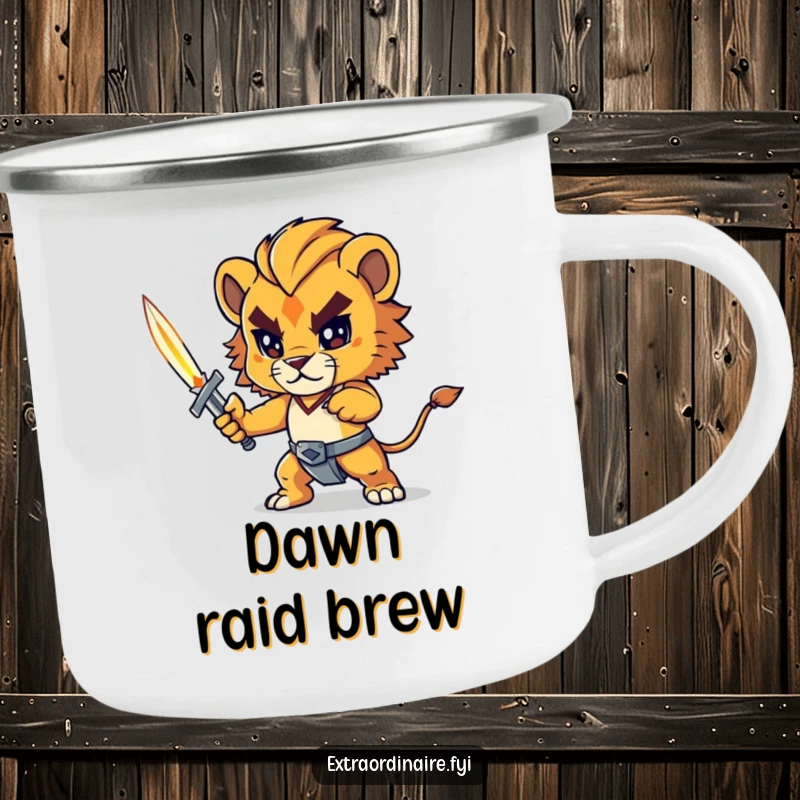 Funny lion cub camping mug, a brave lion cub with a tiny sword, perfect for outdoor adventures and hot beverages.