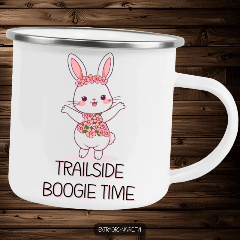 Funny dancing rabbit camping mug, wearing a flower garland, durable and portable, brings joy to outdoor activities, perfect funny gift.