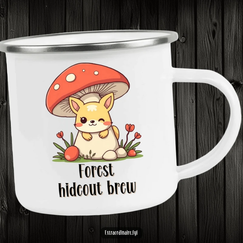 Funny mischievous animal character hiding behind a giant mushroom, peeking out ready for adventures on a camping mug.
