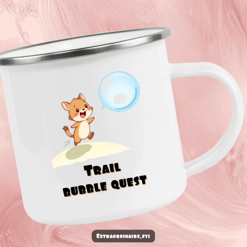 Funny camping mug art: an excited animal character in a wilderness setting, joyfully chasing a shimmering, floating bubble.