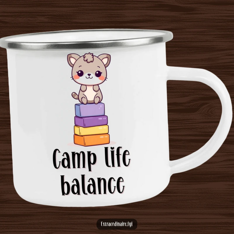 Funny Camping Mug: A playful animal character balances on colorful blocks, perfect for enjoying drinks during outdoor adventures.