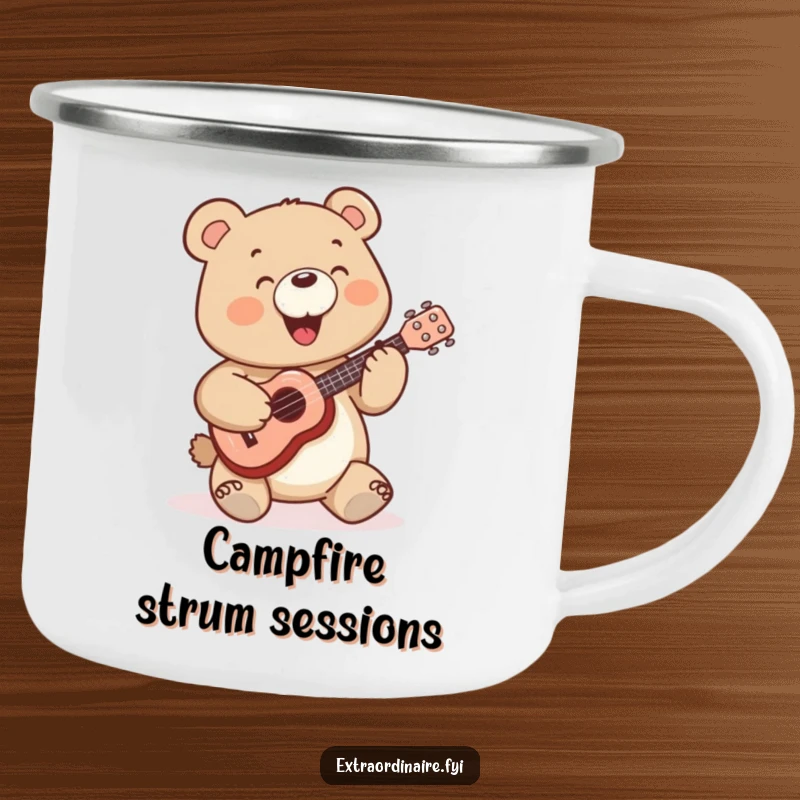 Funny Bear Camping Mug: A cheerful bear character plays a miniature ukulele by a campfire.