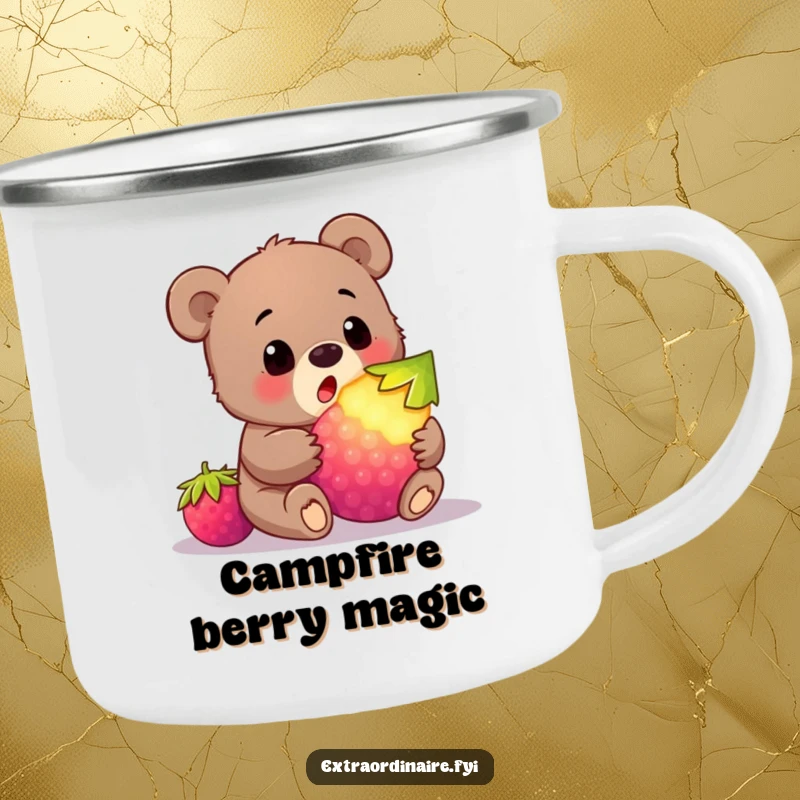 Funny bear cub berry camping mug with a cub seeing a glowing berry, ready for outdoor fun and surprises.