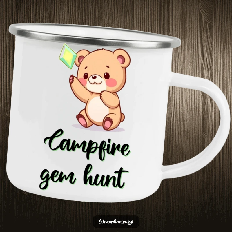 Funny Bear Cub Gem Camping Mug: A sturdy enamel mug showing a playful bear cub batting at a radiant, hovering gem. Fun for outdoors.