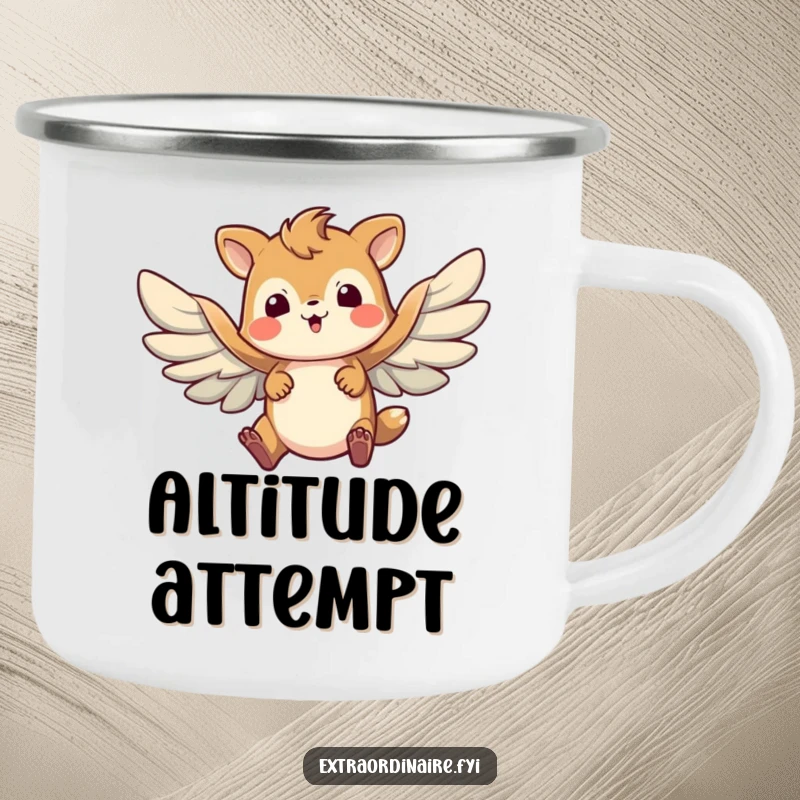Funny camping mug art: a brave animal character attempting flight with comically large, flapping wings in a determined outdoor setting.