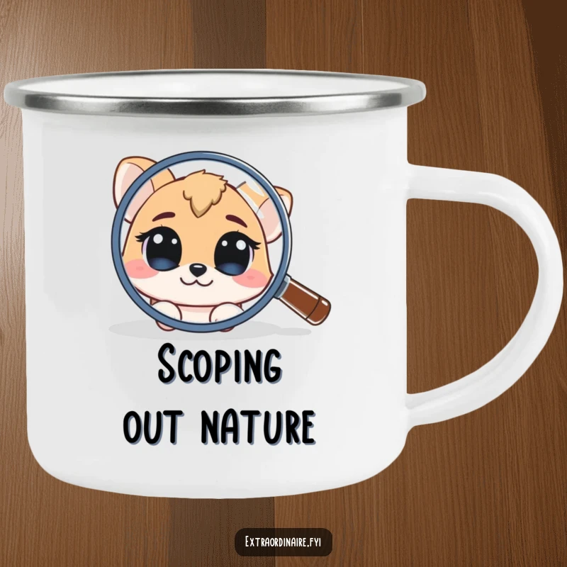 Funny Camping Mug: A curious animal character peeks from behind a large magnifying glass, perfect for outdoor exploration.