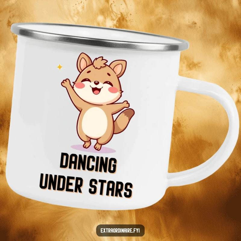 Funny Camping Mug: A jubilant animal character dances energetically, perfect for outdoor fun and merriment.