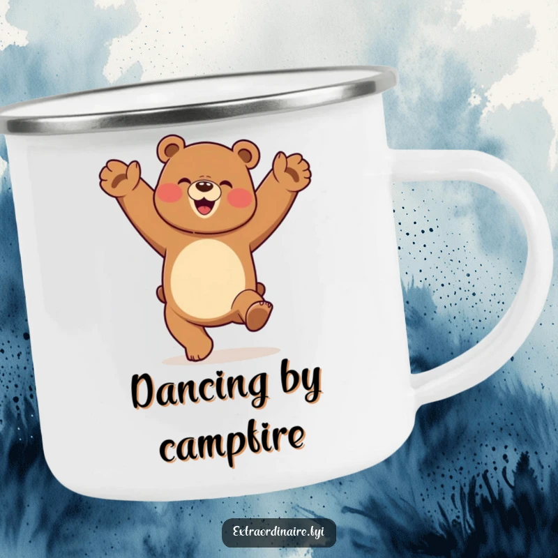 Funny dancing bear doing a cartwheel with pure elation on a rugged enamel camping mug, ready for the outdoors.