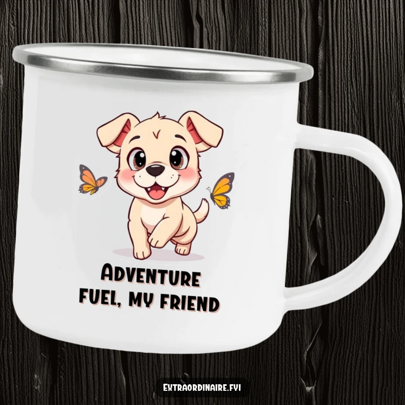 Funny camping mug featuring a dog with large, happy eyes chasing a butterfly, embodying playful outdoor spirit.