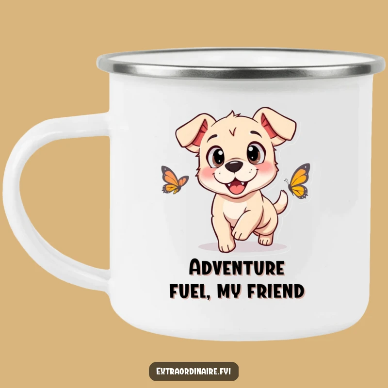 Funny Dog Butterfly Chase Camping Mug: Outdoor Adventures with Pet Humor