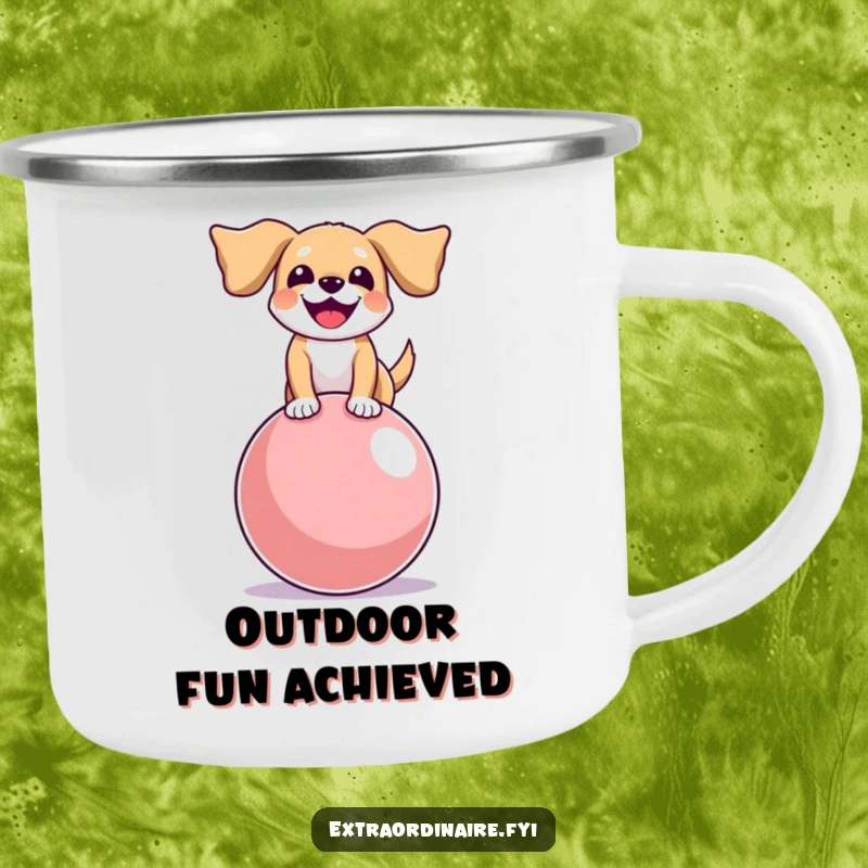 Funny camping mug showing a joyful dog with floppy ears balancing on a giant bouncy ball, for happy outdoor adventures.