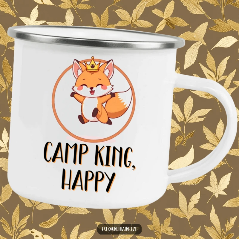 Funny camping mug with a cheerful fox wearing a crown, leaping through a hoop, ideal for royal outdoor adventures.
