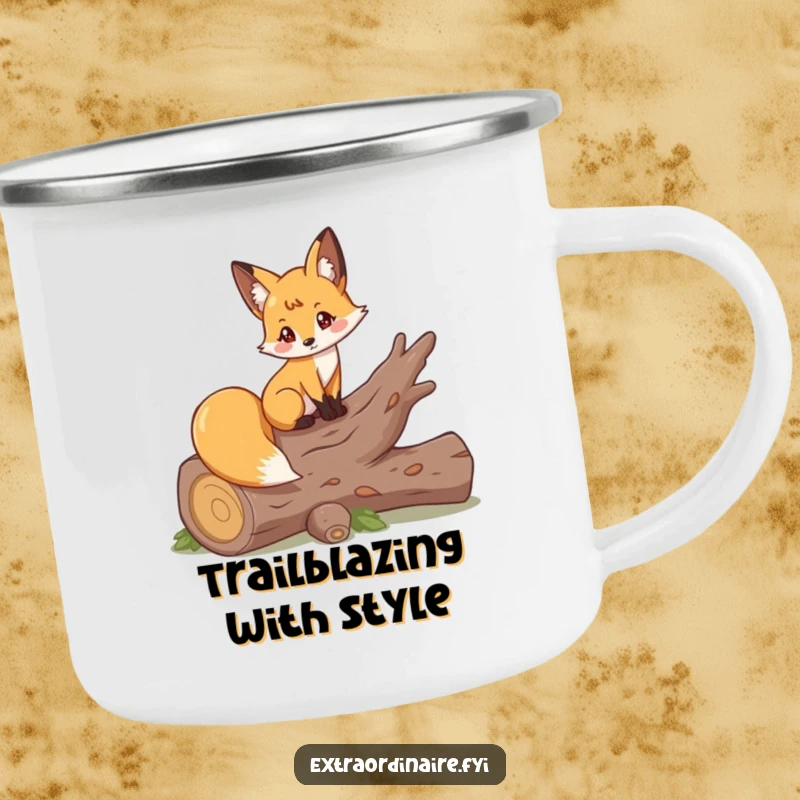 Funny camping mug with a playful fox elegantly posing on a fallen log, perfect for enjoying nature.