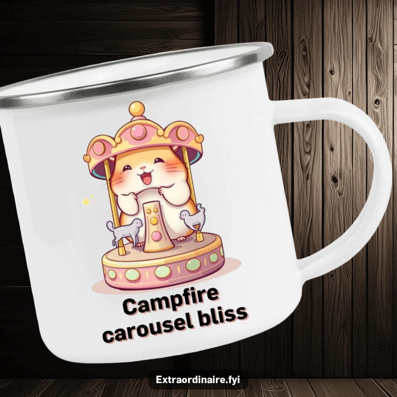 Funny Hamster Carousel Camping Mug: A delighted hamster spinning a magical carousel, perfect for funny outdoor brews.