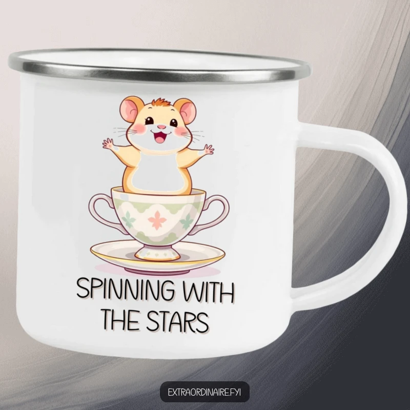 Funny Hamster Camping Mug: A happy hamster balancing on a spinning teacup, looking exhilarated, perfect for outdoor fun.