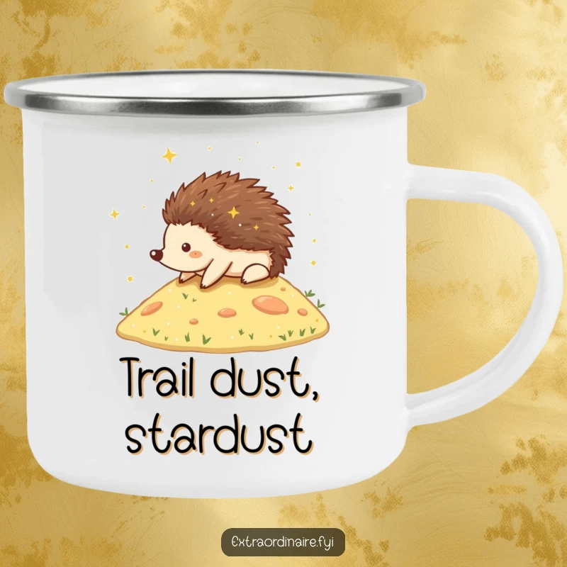 Funny Hedgehog Stardust Camping Mug showing a happy hedgehog rolling down a stardust-covered hill, durable and whimsical for outdoor adventures.