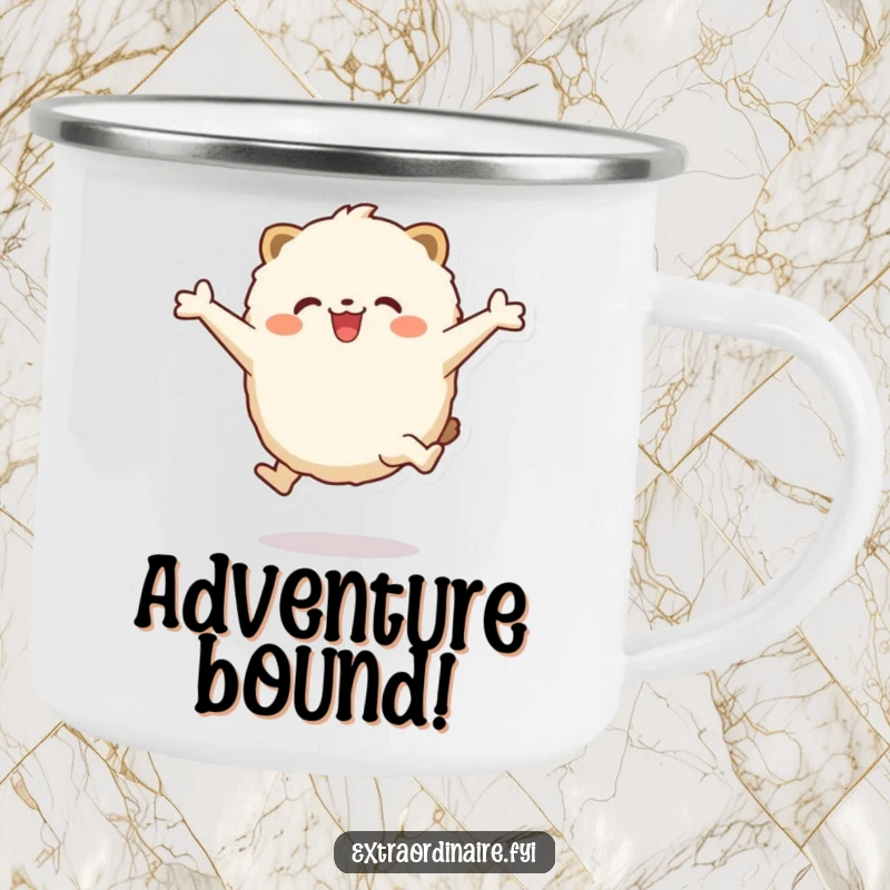 Funny Camping Mug: A fluffy, round animal character leaping with arms wide, ready for adventure and hot drinks outdoors.