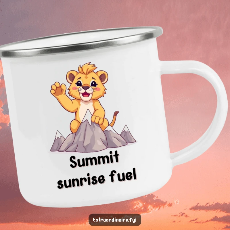 Funny lion cub explorer camping mug, a cub raising paws after conquering tiny mountains.