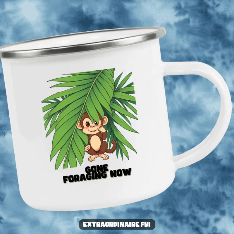 Funny monkey hiding behind a palm leaf on a rugged enamel camping mug, ideal for outdoor adventures.