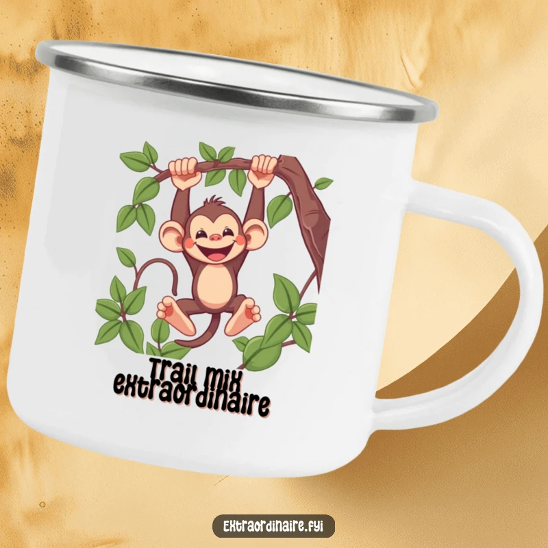 Funny Monkey Camping Mug showing a mischievous monkey swinging from a vine with a wide grin, durable and humorous for outdoor use.