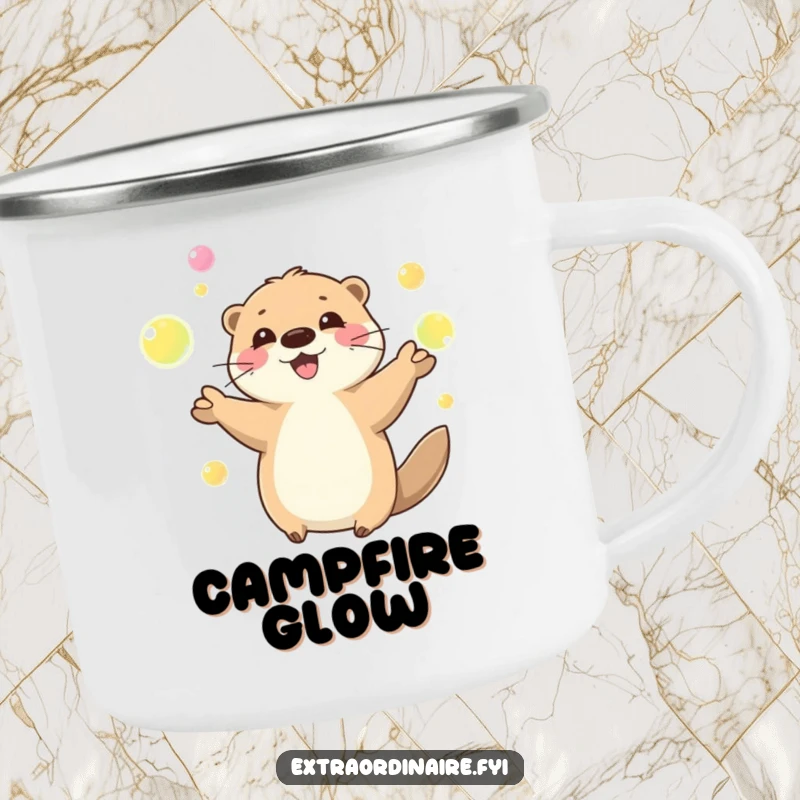 Funny playful otter juggling glowing orbs on a rugged camping mug, perfect for outdoor use, adding playful energy and humor.