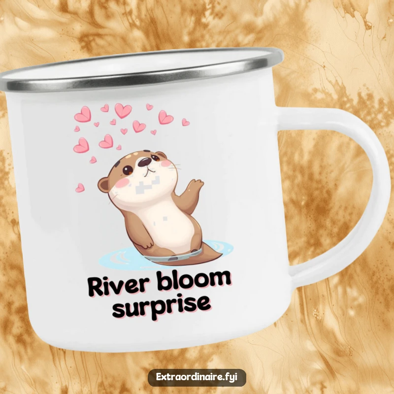 Funny otter petal camping mug with an otter watching petals fall, ready for serene outdoor moments and lighthearted laughs.
