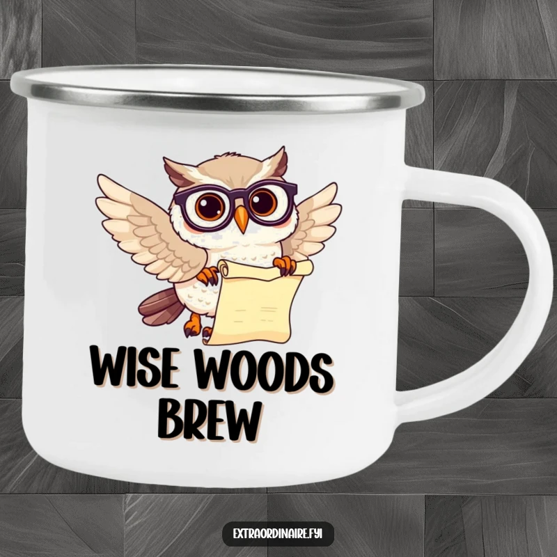 Funny outdoor owl scholar camping mug, depicts a wise owl with spectacles and a scroll on an adventure.