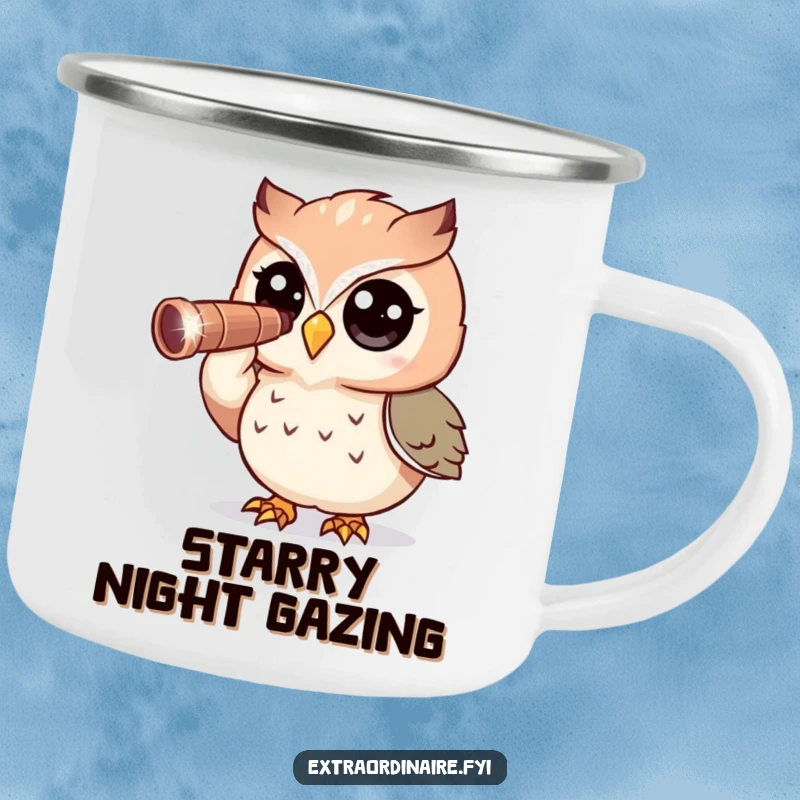 Funny Owl Camping Mug: A curious owl character uses a sparkly telescope to view the night sky from a campsite.