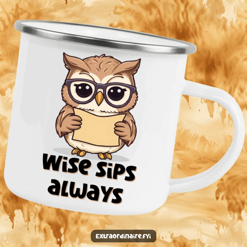 Funny owl scholar camping mug, a wise owl with glasses reading a scroll, perfect for enjoying drinks in nature with wit.