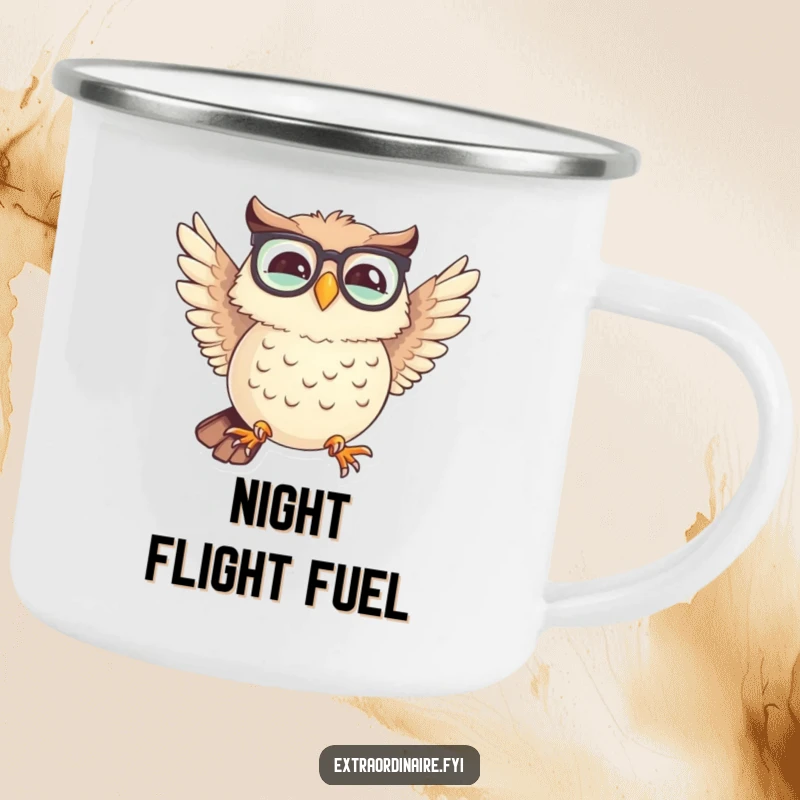 Funny camping mug with a giggling owl wearing spectacles trying to fly with uneven wings, embodying wise outdoor spirit.