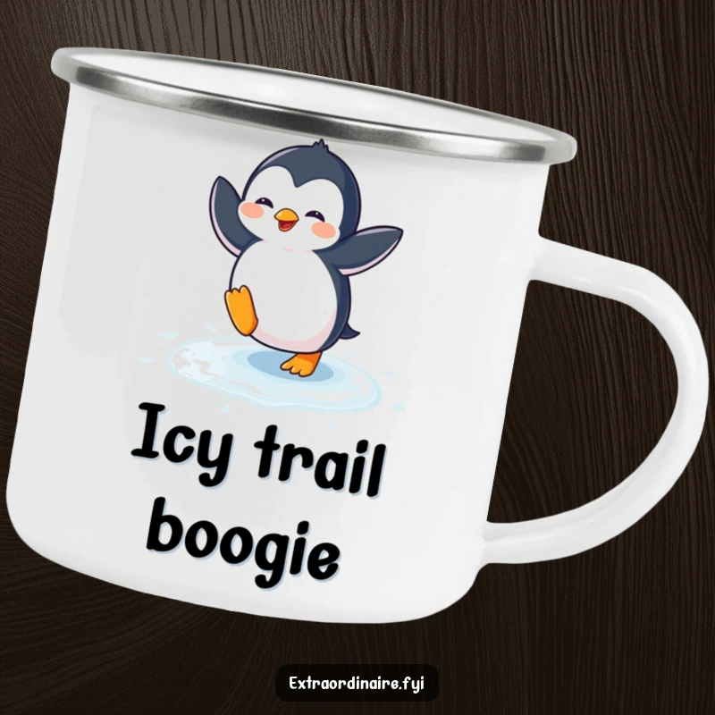 Funny penguin dance camping mug depicting a penguin dancing on ice, ready for campfire stories and laughs.