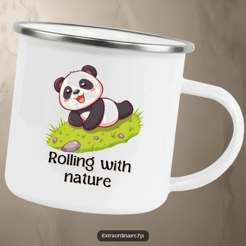 Funny camping mug showing a playful panda character rolling down a hill with glee, designed for outdoor enjoyment and humorous fun.