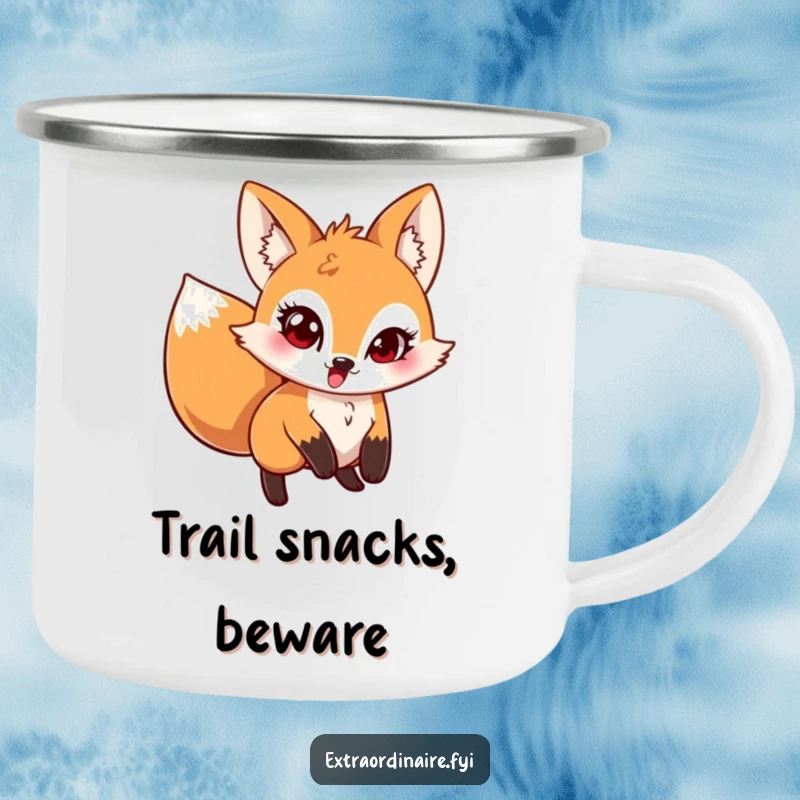Funny Pouncing Fox Camping Mug showing a mischievous fox leaping with a twinkle in its eye, durable and playful for outdoor use.
