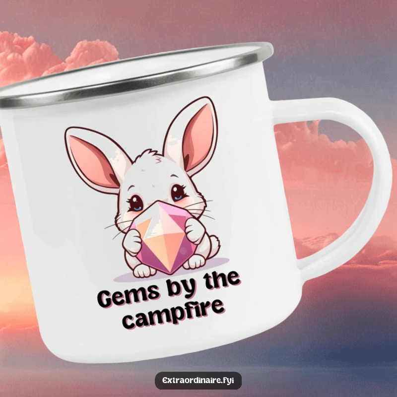 Funny camping mug with a curious rabbit and oversized ears peeking from behind a sparkling gem, perfect for exploration.