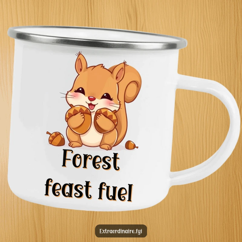 Funny camping mug showing a playful squirrel stuffing its cheeks with shiny acorns, for adventurous hoarding.