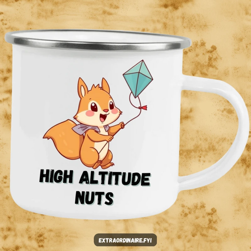 Funny Squirrel Camping Mug: A brave squirrel character rides a kite high above a scenic mountain landscape.