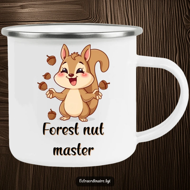 Funny squirrel juggling camping mug, a squirrel concentrating hard while juggling acorns with a grin.