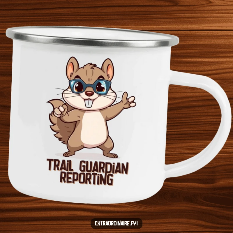 Funny squirrel superhero camping mug featuring a mischievous rodent in a heroic pose, ready for outdoor brews and adventures.