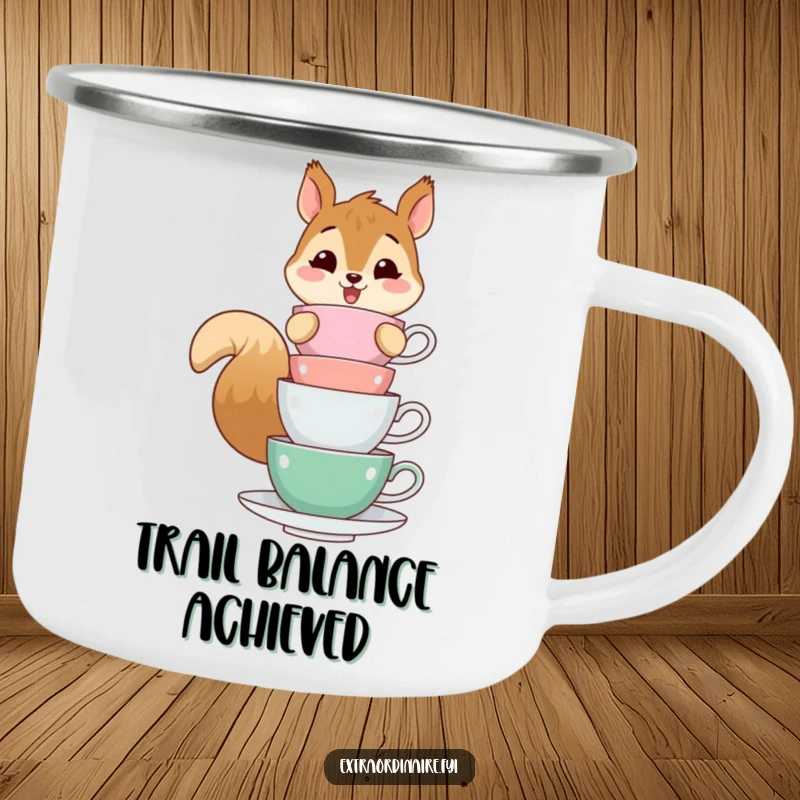 Funny camping mug depicting a cheerful squirrel character balancing a stack of teacups, perfect for outdoor enthusiasts who love whimsical designs.