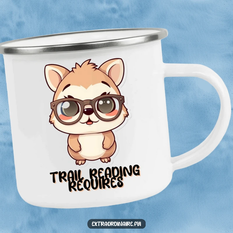 Funny camping mug art: an animal character wearing oversized spectacles, eyes wide in a comical, startled pose during an outdoor adventure.