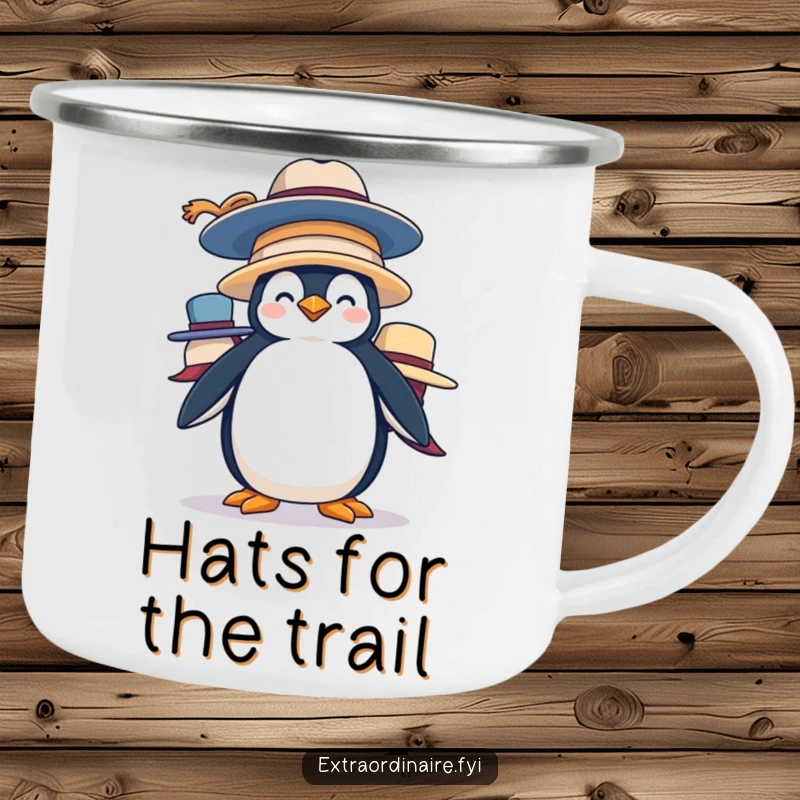 Funny Penguin Hat Stack Camping Mug: A silly penguin balances oversized hats, ideal for outdoor humor and lighthearted enjoyment.